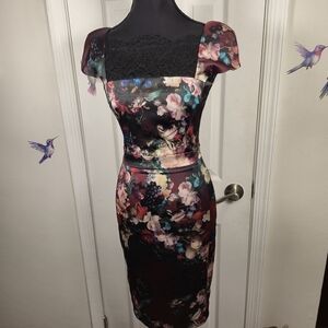 Just Cavalli Floral Satin Lace Cap Sleeve Sheath Dress IT 38 US XS